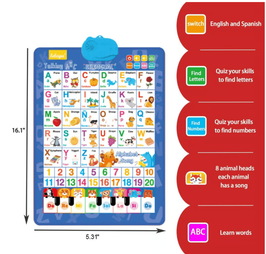 π2025 New Talking Wall Chart for Kids β English & Spanish Learning Poster with Songs, ABCs, Numbers, Animal words & Piano